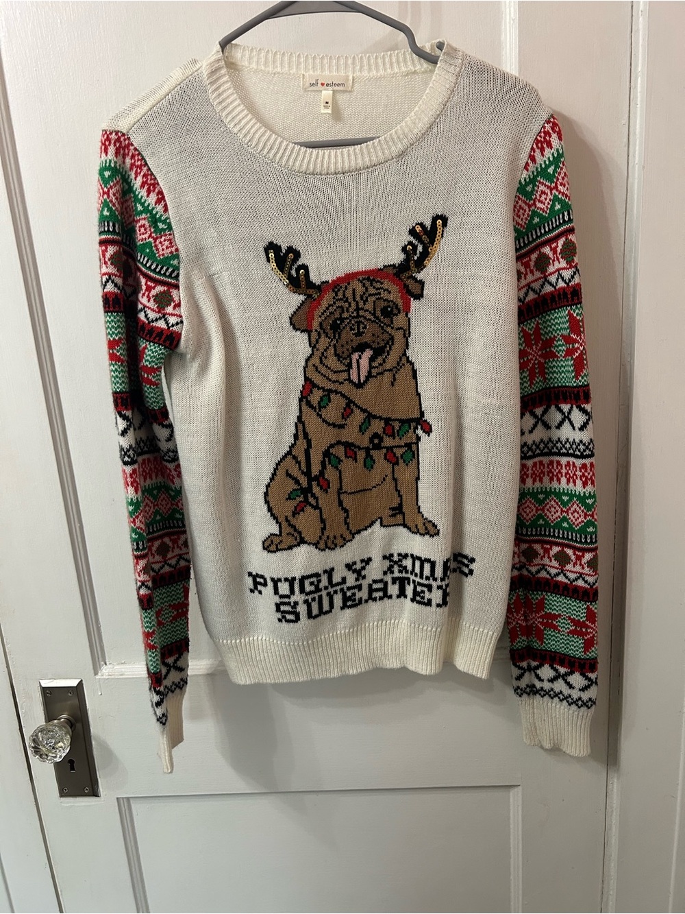 Self Esteem Cream Holiday Pug Sweater with Red & Green Patterned Sleeves